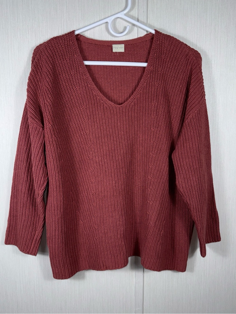 Poetry Knit V-Neck 3/4 Sleeve Sweater Women's See Measurements Slouchy